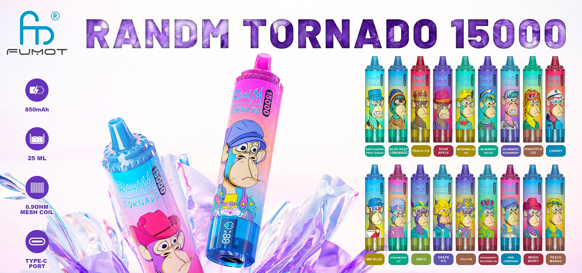 RANDMTORNADO15000DISPOSABLEVAPEDEVICEWITHBATTERYANDEJUICEDISPLAYWHOLESALE15000PUFFS